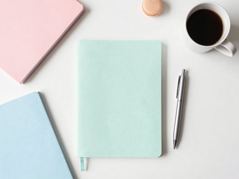 Airy minimalist overhead flat-lay of colorful pastel notebooks, neat pens, and a clean coffee mug on a white desk, soft diffused morning light, 35mm lens