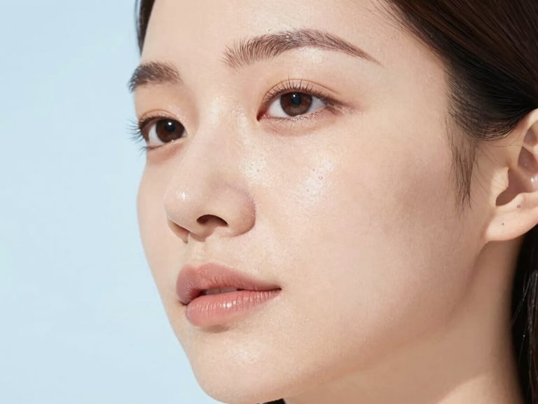 Close-up of healthy, glowing skin on a woman's face, soft diffused daylight, elegant editorial composition, pastel blue and white tones.
