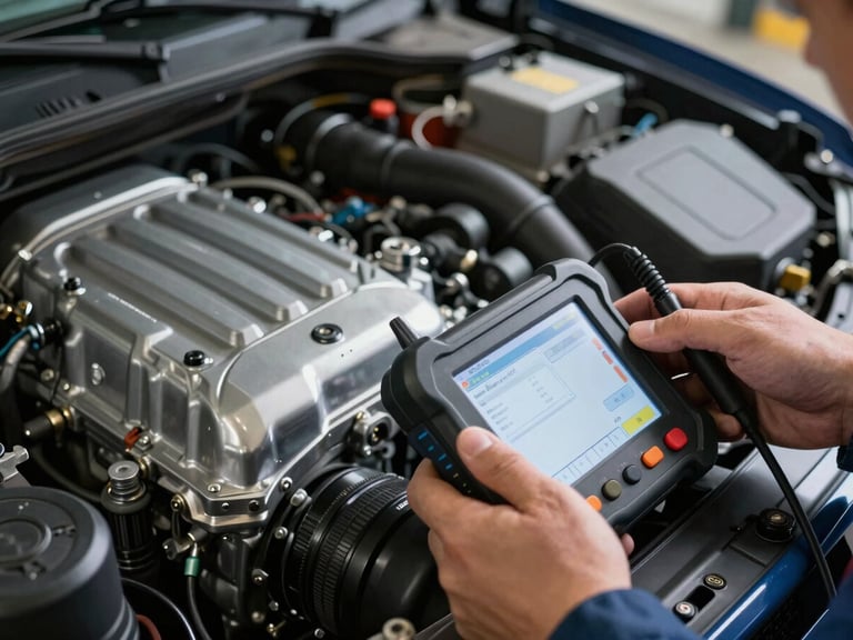 Close-up macro shot of a clean commercial engine bay, mechanic hands holding a diagnostics tool, harsh warehouse overhead lighting highlighting metallic components