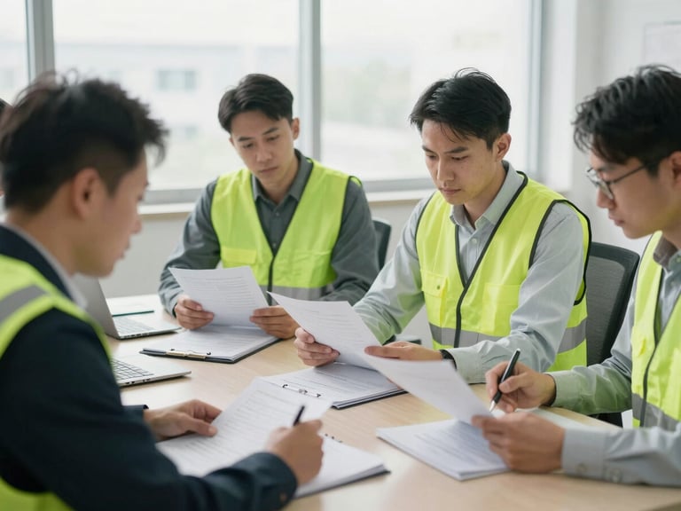 Legal and safety professionals reviewing case files and technical reports on a conference table, serious, focused, office setting with natural light, desaturated tones with safety green accents, 35mm