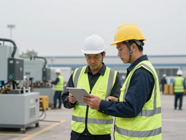Safety manager coordinating logistics on a tablet, with industrial equipment and personnel in the background, organized, natural overcast daylight, desaturated tones with safety green accents, 35mm