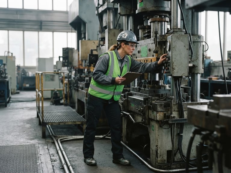 Industrial documentary photography of a safety engineer inspecting a large industrial machine, wearing safety gear, with natural overcast daylight, desaturated tones with safety green accents, 35mm.