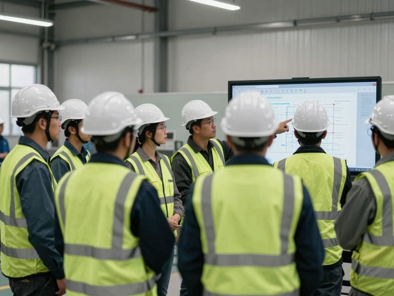 Group of industrial workers in safety gear attending a training session, actively engaged, instructor pointing to a diagram, realistic industrial indoor lighting, desaturated tones with safety green accents, 35mm