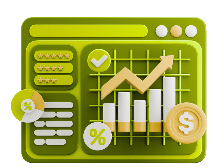 3D screen showing website growth and performance results