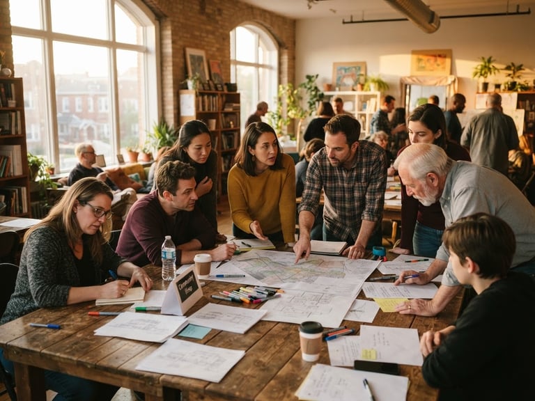 A wide, warm-toned photograph of a community planning session around a wooden table, natural golden-hour light streaming through windows, authentic documentary style