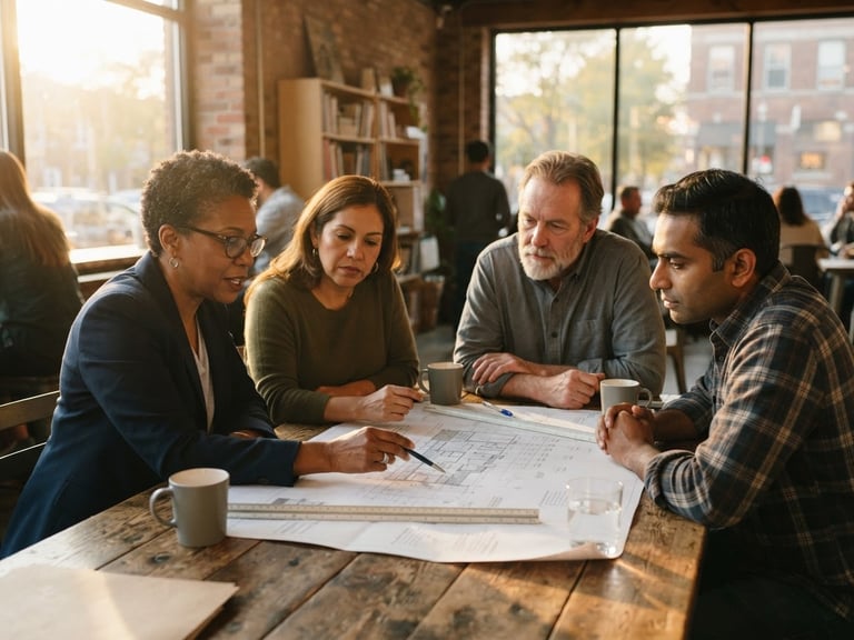 Candid medium shot of community leaders sitting around a wooden table in warm afternoon light, reviewing architectural blueprints together.