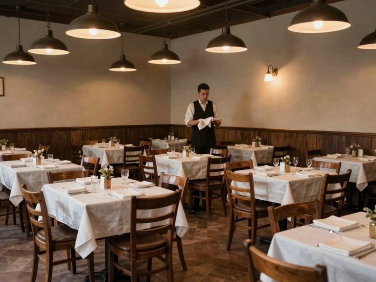 Wide environmental shot of a small neighbourhood restaurant dining room at an early quiet moment before service, mismatched wooden chairs and linen-covered tables, warm tungsten pendants casting pools of light, a server folding napkins in the middle distance, documentary framing with depth