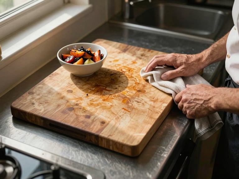 Overhead close study of a working kitchen counter at end of service — a worn cutting board, a small bowl of roasted vegetables, a chef's hand resting beside a folded cloth, golden hour light through a side window, candid and unposed