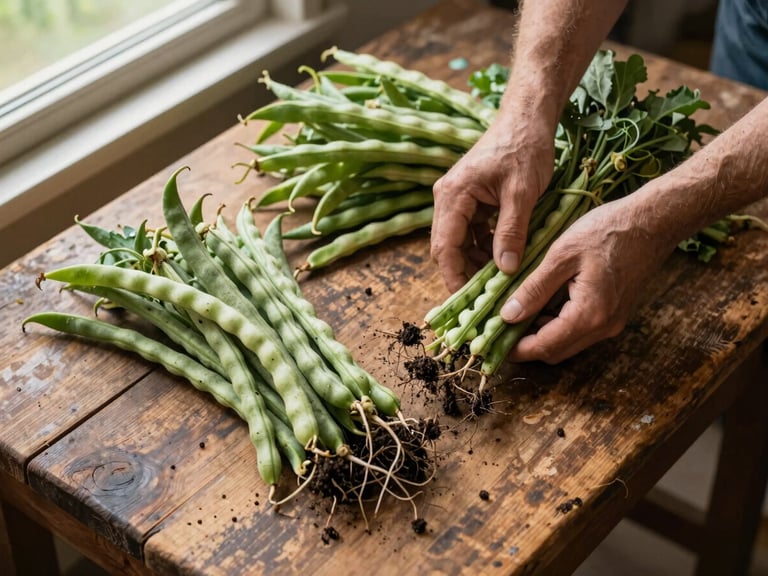 Close overhead shot of a worn wooden farm table, hands sorting through bunches of freshly pulled heirloom beans with soil still clinging to the roots, natural window light falling from the upper left, weathered surface texture visible at the edges
