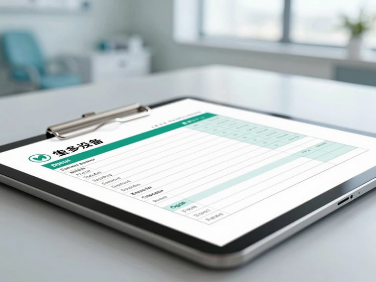 Close-up of a tablet showing clean medical billing charts on a desk in a modern medical facility, bright natural daylight.