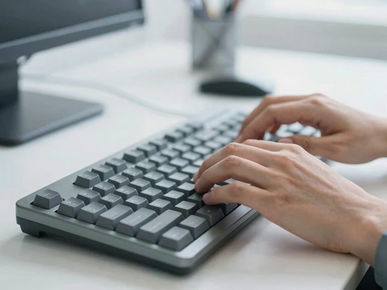 Macro shot of hands typing on a mechanical keyboard in a bright, clean clinical administrative workspace, cool slate tones.