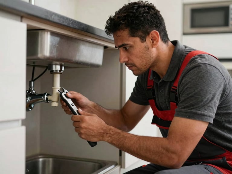 Hispanic male tradesman repairing a leaking sink in a modern kitchen, hands-on work, focused work-light, high-contrast editorial photography, deep earth tones with crimson accents, sharp focus, 35mm lens