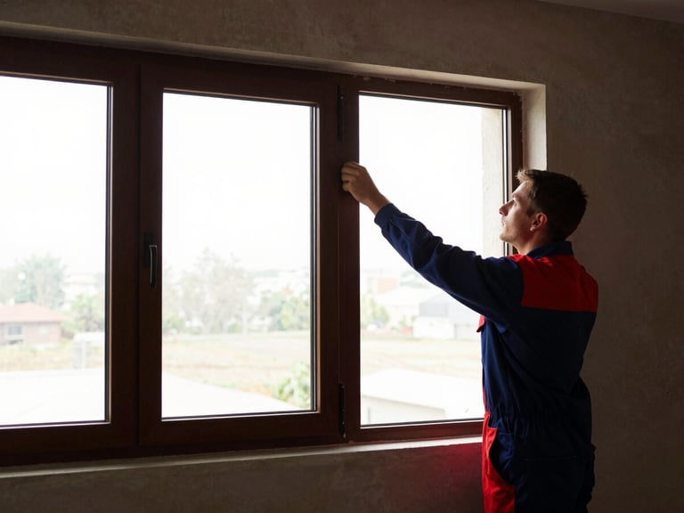 Young white male tradesman installing a new window in a renovated space, wide environmental shot, natural window light, high-contrast editorial photography, deep earth tones with crimson accents, sharp focus, 35mm lens