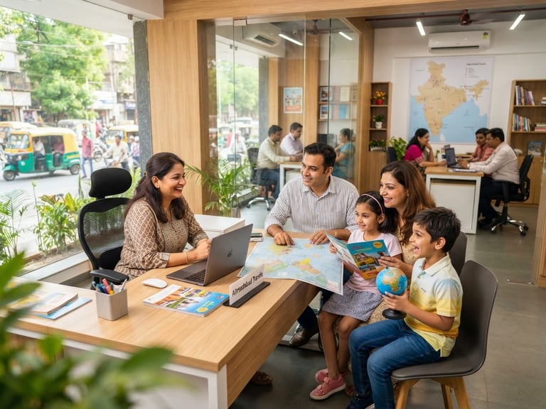 Bright editorial travel photography, natural daylight, a modern travel office in Ahmedabad with professional staff assisting a family, clean organized desks, vibrant clean tones.