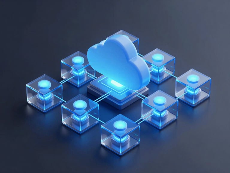 Clean isometric schematic diagram of a secure cloud infrastructure, glowing electric-indigo nodes, 3D glassmorphic boxes, dark obsidian background