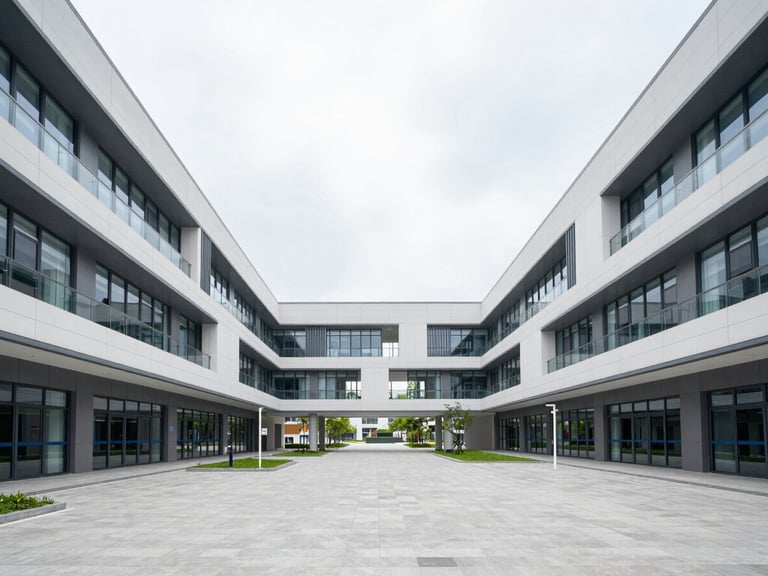Modern educational campus with clean architectural lines and natural light, wide shot, 35mm