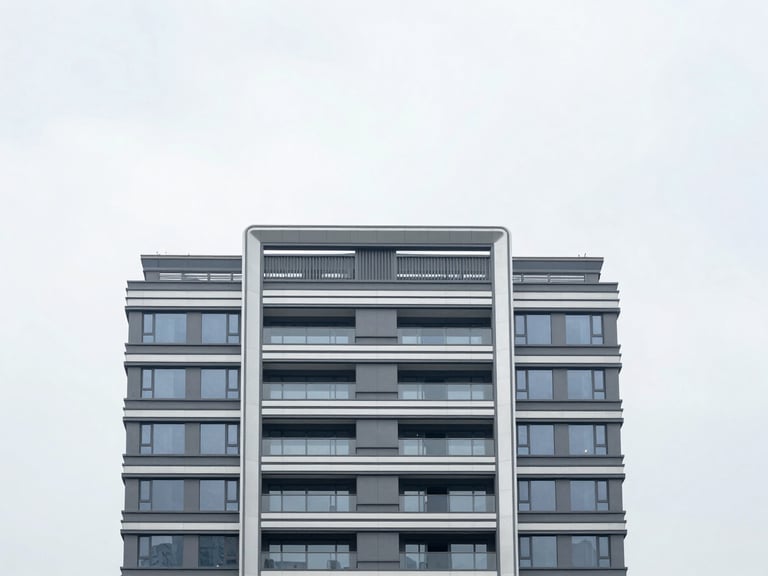 Architectural details of an ongoing property development, clean lines, bright overcast daylight, 35mm