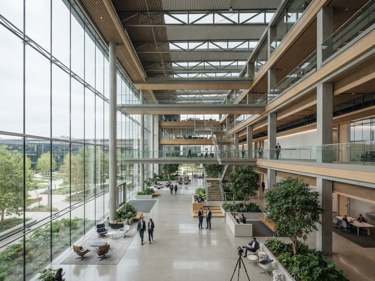 Wide shot of a modern corporate campus atrium with architectural details and natural light, cool tones, 35mm, high-end commercial real estate aesthetic.