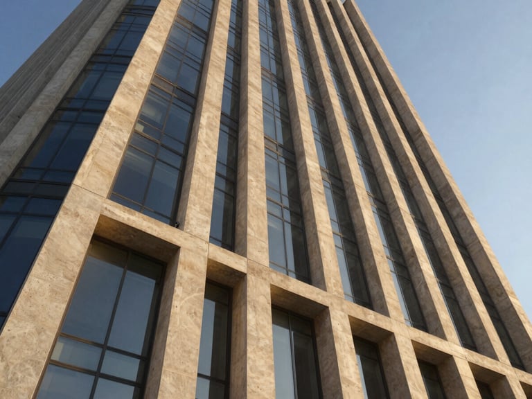 Dramatic low-angle architectural photography of a modern concrete and glass tower facade in New Cairo, captured at golden hour with long sharp shadows, ultra-clean design, premium 8k resolution.