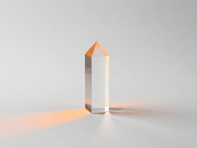 Minimalist studio photography, crisp high-key lighting, soft orange glowing accents, a clean white backdrop, sharp focus, 50mm lens. A single pristine glass prism refracting a sharp orange light beam on a matte white surface.