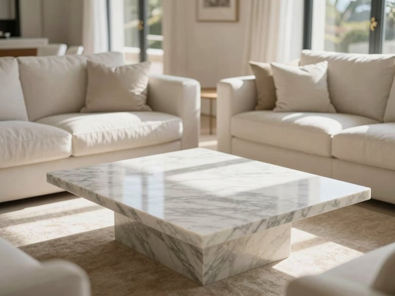 Bright editorial photo of a pristine, sun-drenched living room in a luxury Mallorcan villa, focusing on a polished marble coffee table and soft, clean textiles, warm Mediterranean daylight, soft shadows, high-end residential aesthetic, 35mm.