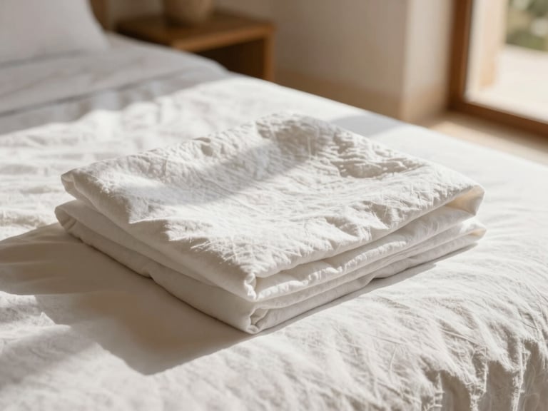 Close-up of neatly folded white linen on a bed in a sun-drenched luxury Mallorcan villa bedroom, soft shadows, warm Mediterranean daylight, high-end residential aesthetic, 35mm.