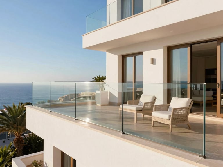 Wide shot of a sparkling clean glass balcony railing in a luxury Mallorcan villa, reflecting the clear blue Mediterranean sky, pristine outdoor furniture, warm Mediterranean daylight, soft shadows, high-end residential aesthetic, 35mm.