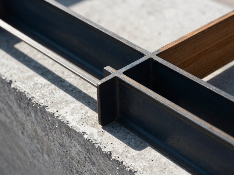 Macro close-up of structural steel embedded in raw architectural concrete, harsh directional sunlight, high contrast, 35mm