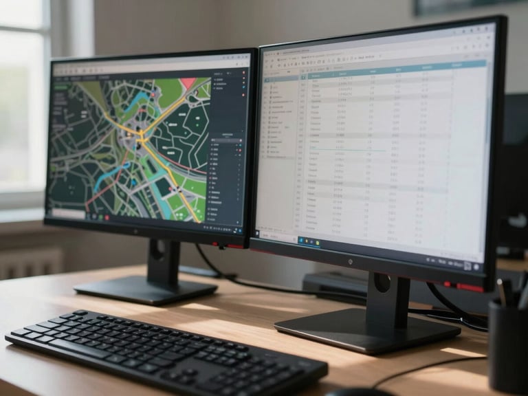 Close-up wide shot of two monitors on a desk showing a GIS mapping interface and a data dashboard with tabular figures, daylight entering from a window to the left casting soft shadows across the keyboard and desk surface, no person visible — only the active screen output and workspace equipment