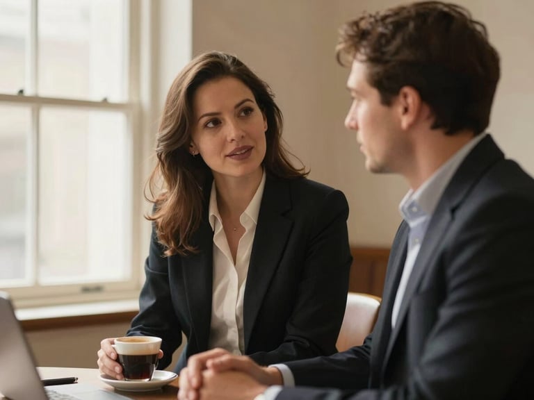 Warm editorial portrait of two corporate consultants in a collaborative discussion, soft window light casting gentle shadows, rich espresso and cream tones, 35mm photography.