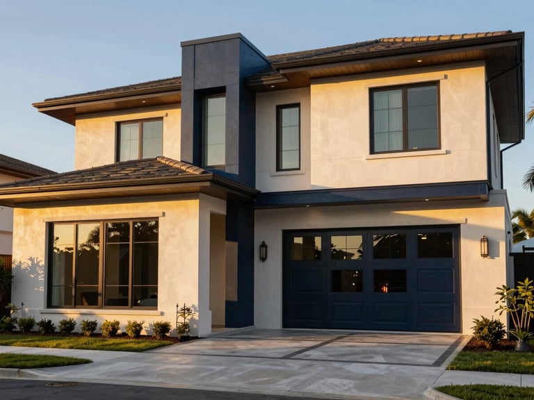 Wide shot of a modern luxury estate in Central Florida, warm golden-hour light, architectural lines, deep navy and champagne tones, 35mm
