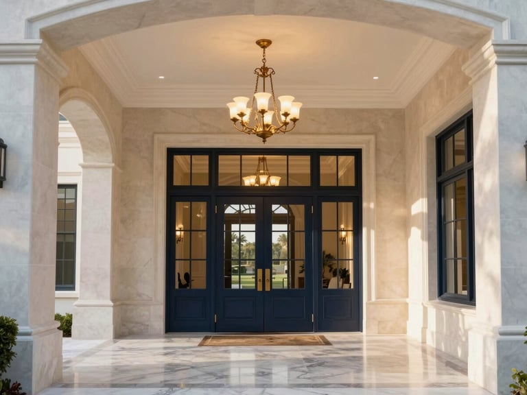 Architectural detail of a grand entrance hall in a luxury Central Florida estate, showcasing high ceilings, polished marble floors, and a sophisticated chandelier. The scene is pristine and well-managed.