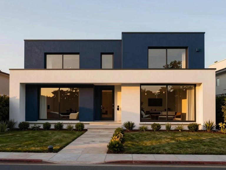 Elegant wide-angle shot of a minimalist home exterior with manicured landscaping, reflecting warm golden-hour light, luxury editorial photography, deep navy and champagne tones, architectural focus, 35mm