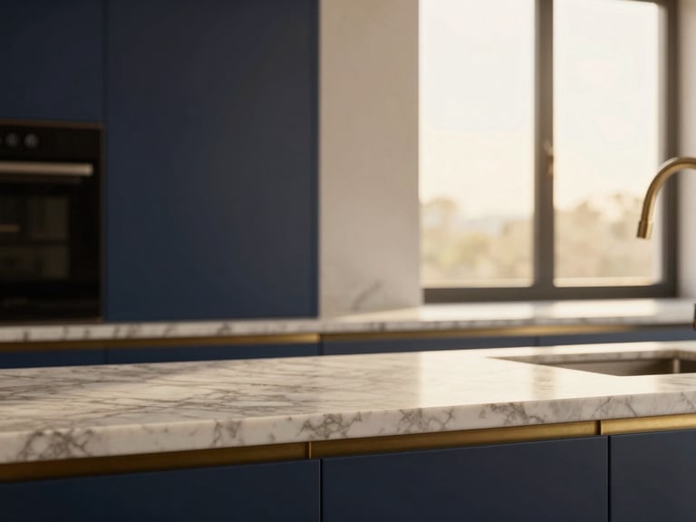 Close-up of luxury materials: marble countertop with subtle brass accents in a modern kitchen, bathed in soft window light, luxury editorial photography, warm golden-hour window light, deep navy and champagne tones, architectural focus, 35mm