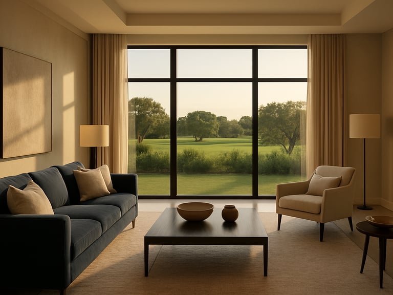 Elegant interior shot of a modern, spacious living room in a Central Florida luxury home, featuring natural light, clean lines, and a subtle view of a green landscape. Focus on comfort and sophisticated design.
