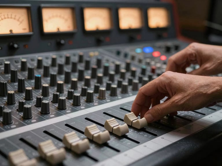 Extreme close-up of hands adjusting faders on a large-format mixing console under warm tungsten studio light, analog VU meters in soft focus background, no faces