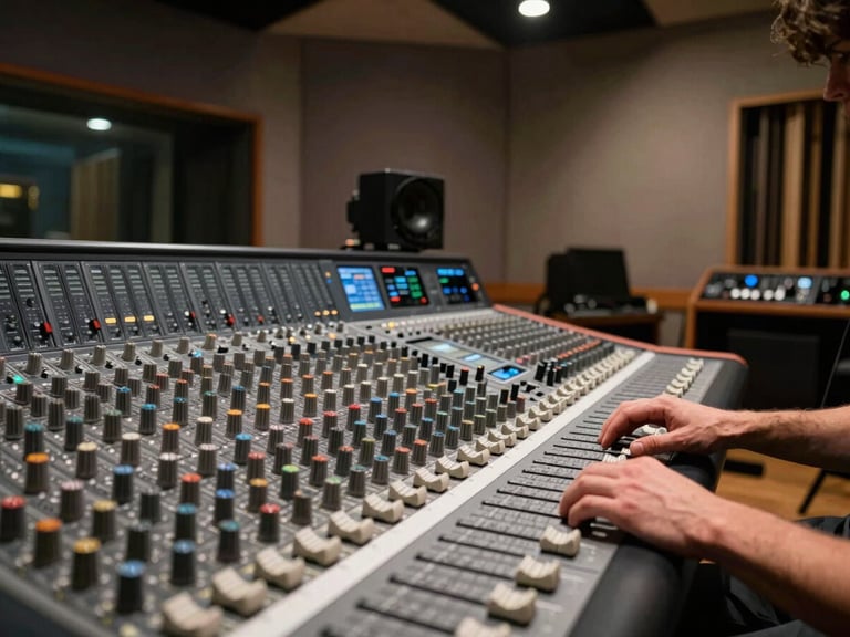 Wide environmental shot of a recording studio interior — a musician's hands resting on a mixing console in the foreground, banks of analog gear receding into the background, tungsten overhead light casting hard shadows, no posed subject, access-documentation framing