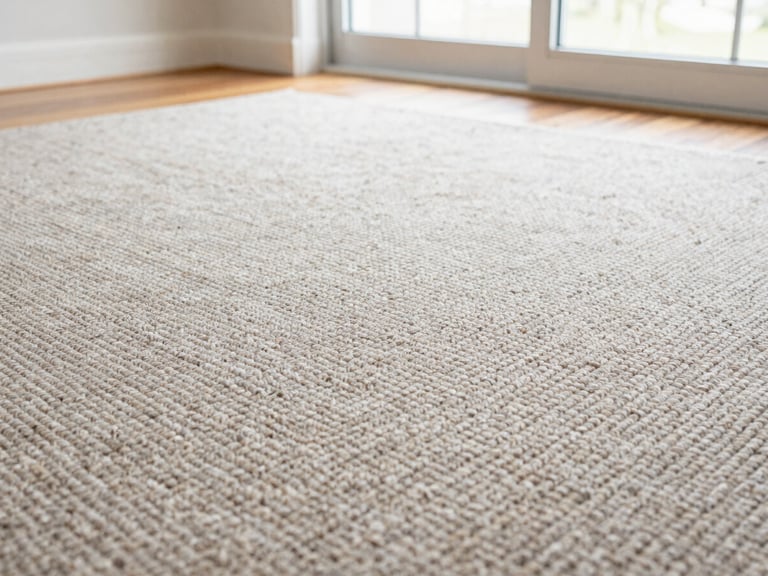 Close-up of commercial-grade loop pile carpet texture, tight weave, clean installation, bright natural Florida daylight, low-angle floor-level shot.