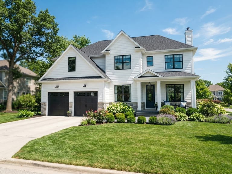 A beautiful wide-angle shot of a pristine two-story suburban home with clean white siding and a spotless dark gray roof, bright midday sunlight, high-contrast, 35mm