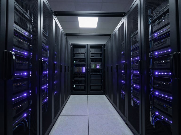 Symmetrical wide-angle view of a dark, high-end enterprise data center, clean cable management glowing with cool violet LED indicator lights, low-key dramatic studio lighting.