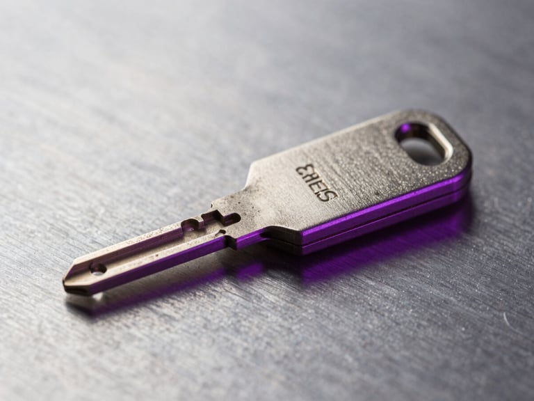 Macro shot of a physical hardware security key resting on a brushed metal surface, cool violet rim light, sharp focus, technical atmosphere