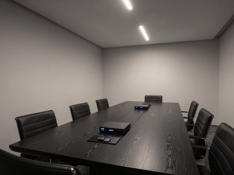 Architectural interior of a minimalist Biznex Studios conference room, featuring a long black oak table, integrated AV systems, and cool, diffused overhead lighting.