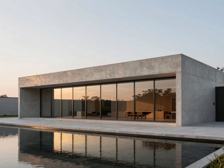 Wide architectural photography of a minimalist concrete and glass villa at dusk, soft golden light reflecting on water, clean lines, Hasselblad 80mm