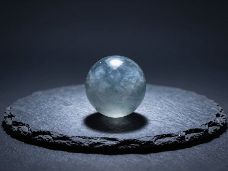 Minimalist studio photography of a perfectly balanced geometric obsidian sphere on a dark slate surface, dramatic spotlighting from the side casting a sharp, clean shadow, cool blue tones, sharp focus.