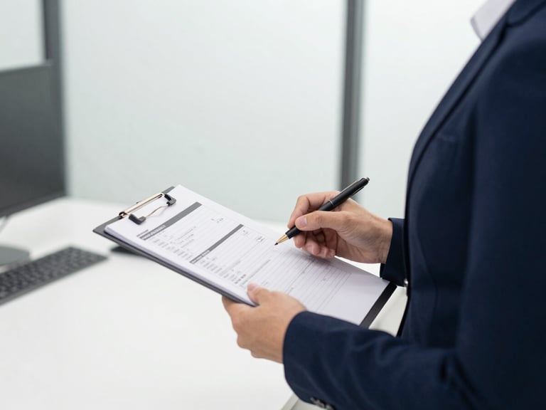 Medium shot of an instructor reviewing technical specifications on a clipboard in a bright office, crisp corporate photography, deep navy tones.