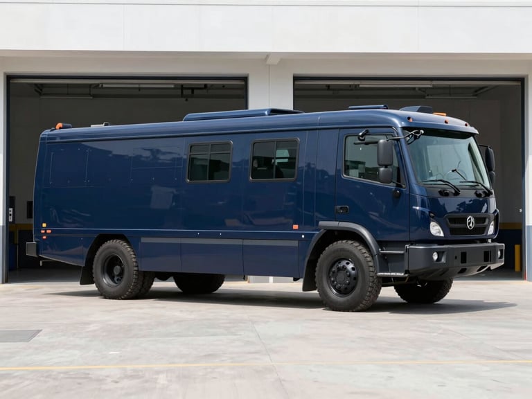Wide shot of a deep navy training vehicle parked inside a municipal transit garage under clean high-key lighting, sharp focus.