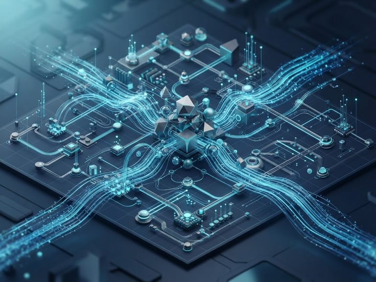 sleek 3D digital render, clean data flow visualizations connecting abstract nodes, cool-toned ambient studio lighting, deep navy and cyan accents, minimalist high-tech aesthetic, isometric view