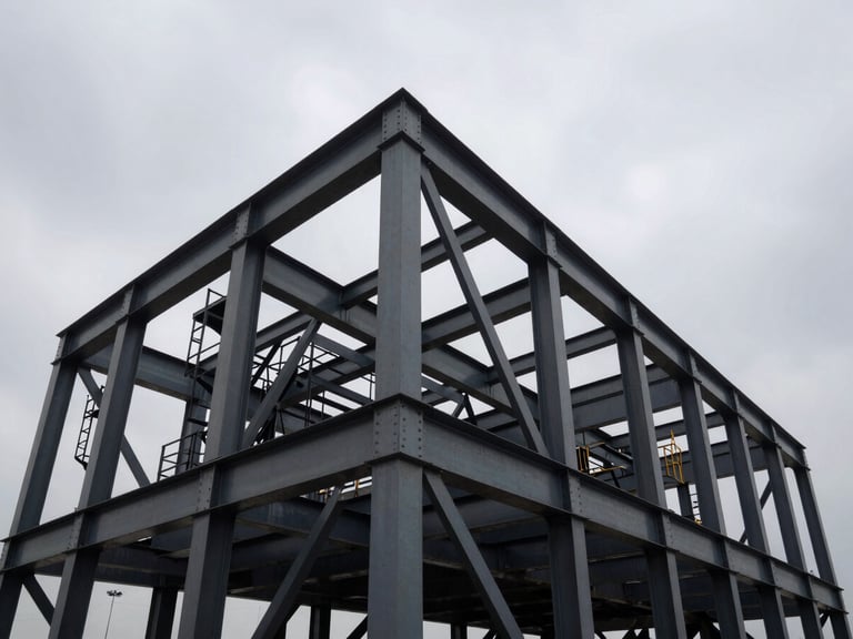 Low-angle wide shot of massive structural steel frames under dramatic overcast daylight, high-contrast steel and charcoal tones, industrial editorial photography, 35mm