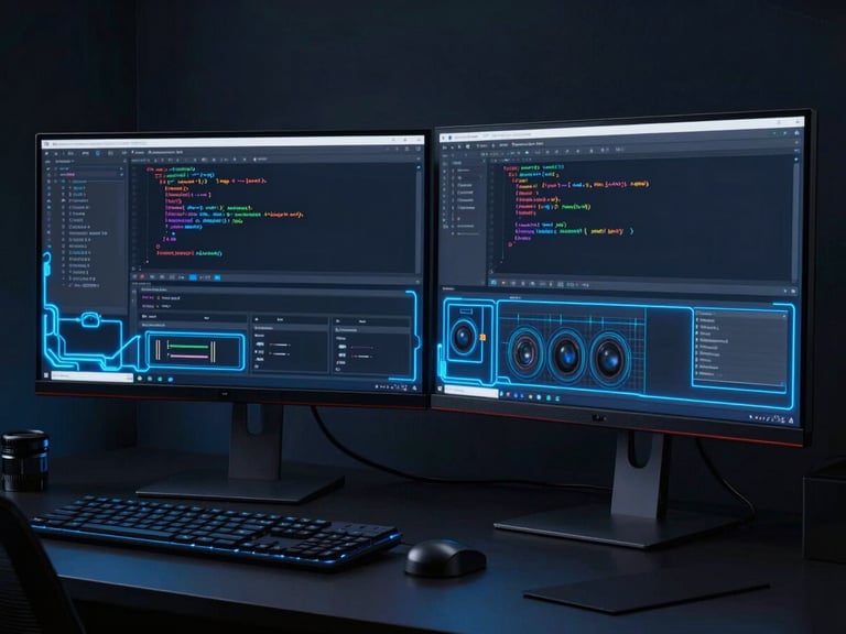 Sleek dark-mode digital workspace with glowing electric blue wireframes on dual monitors, code editor visible, dramatic screen-glow lighting, 35mm lens, sharp focus