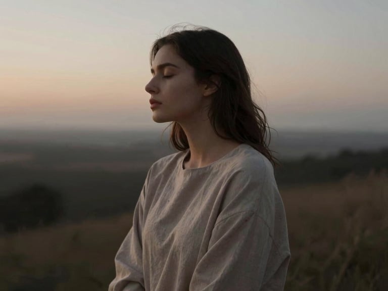 Woman in contemplative pose, eyes closed, in a serene natural landscape at dawn, minimalist apparel, soft light.